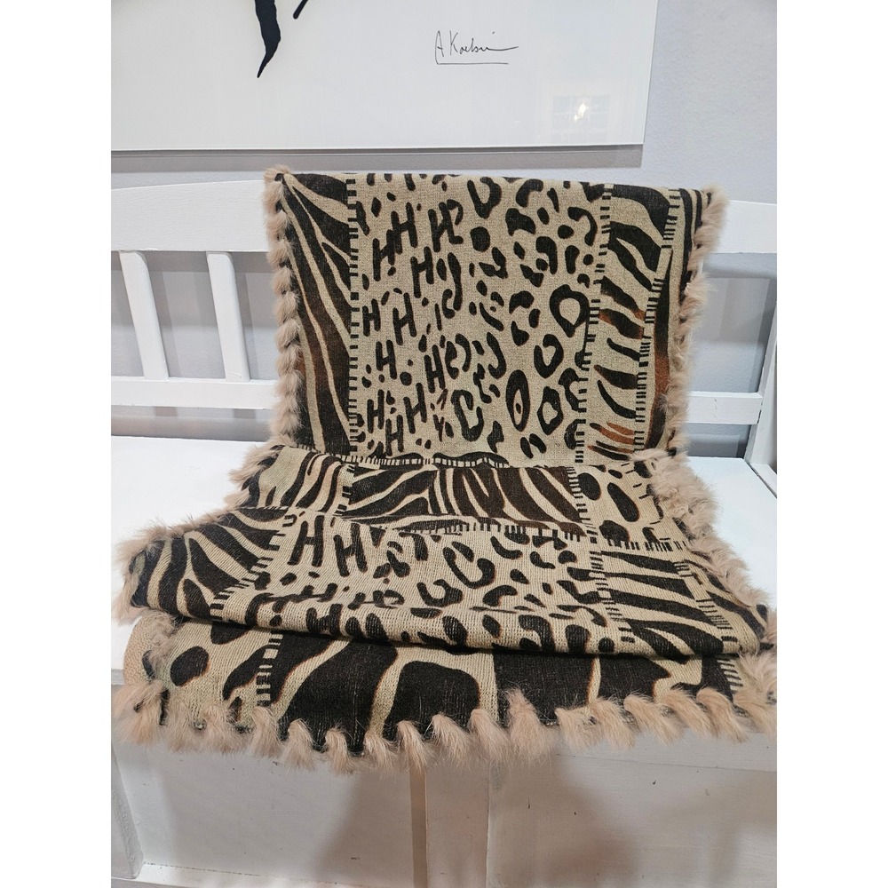 Aziza Animal Print Scarf with Rabbit Fur Trim 20" x 84"